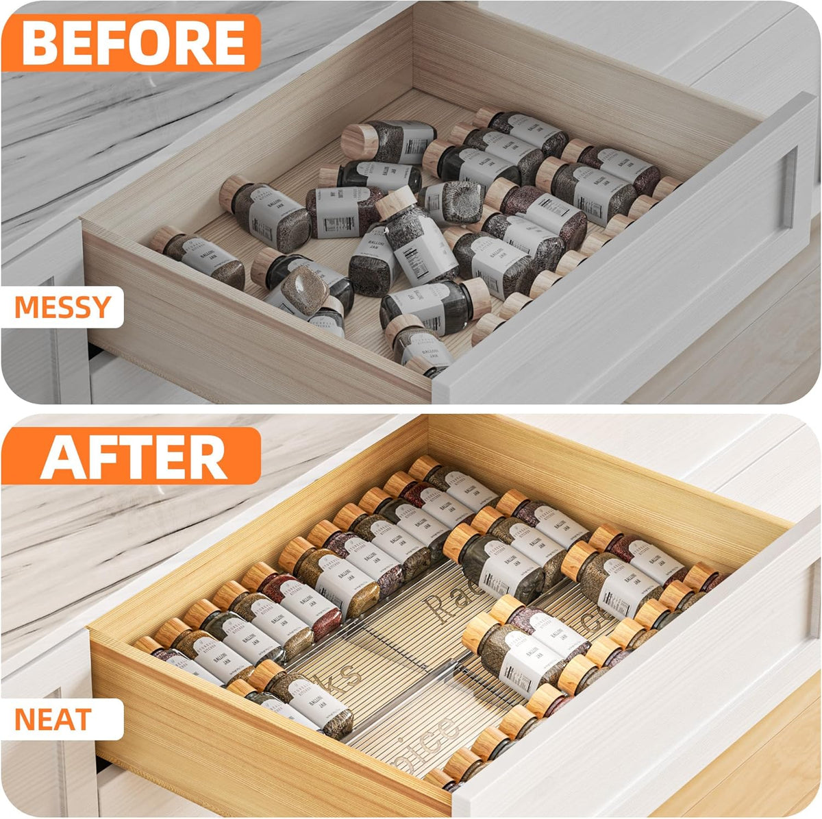 Spice Drawer Organizer, 4 Tier- 4 Pack Clear Acrylic Drawer Seasoning Organizer, Expandable From 11'' to 22'' Kitchen Spice Rack Organizers and Storage for Drawer (Jars not included)