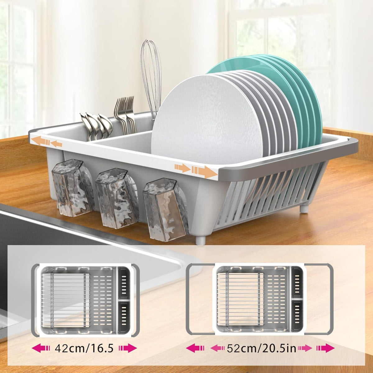 Dish drying rack expandable over the sink, in the sink and for cabinet and kitchen counter; Dish drainer rust proof, Large kitchen organizer with drainboard, two cutlery holders and 6 cup holders.