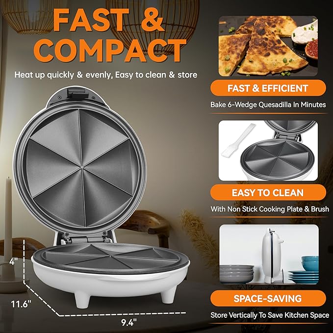 Baker's Friend Electric Quesadilla Maker with Extra Stuffing Design, 9.5 Inch with Easy Slice 6 Wedge, Non Stick Surface, Non-Slip Feet, Grilled Cheese Maker Machine, White