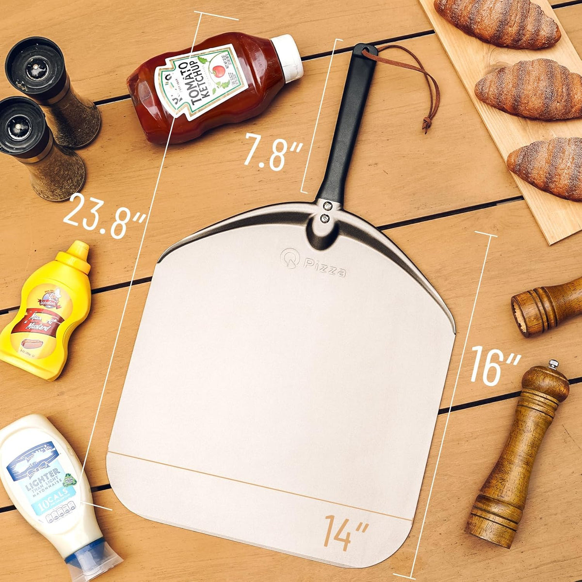 Q Pizza Aluminium Pizza Peel 14 inch, Extra Large Metal Pizza Turning Paddle, Non-stick Pizza Spatula for ooni Grill Oven Baking Bread Pastry Dough Pie Cake, PT205