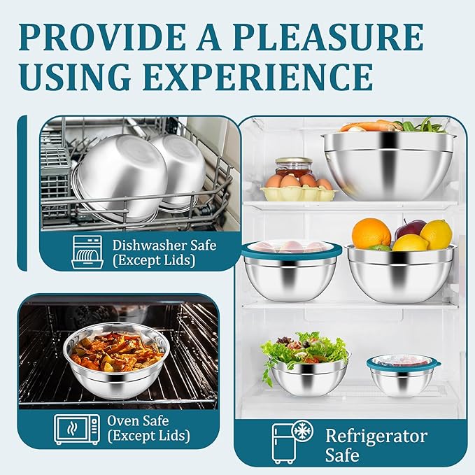 P&P CHEF Mixing Bowls with Visible Airtight Lids Set of 5, 10-Piece Stainless Steel Mixing Nesting Bowl, Metal Bowl with Lid for Kitchen Prepping & Storing, Size 4.6, 3, 1.5, 1, 0.7 QT, Blue