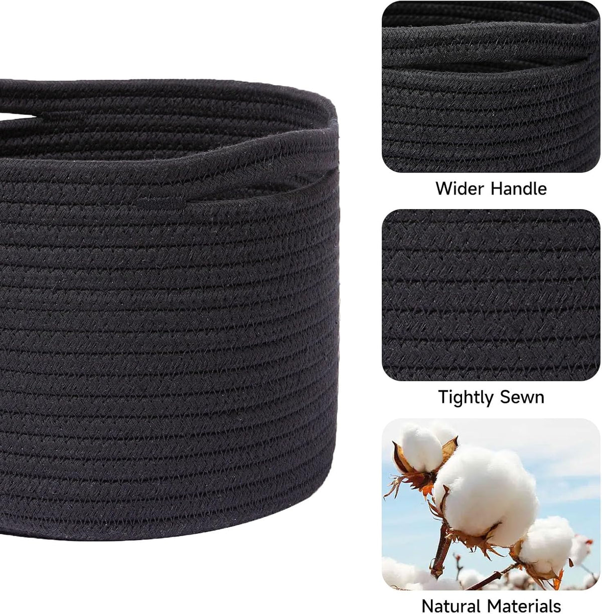 Small Basket for Organizing | Cube Shelf Closet Storage Baskets | 9.7×9.7×7.1” | Woven Rope Gift Basket | Nursery | Round 3 Packs Black
