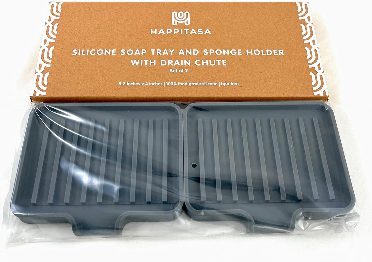 Happitasa Silicone Soap Dish Tray and Sponge Holder with Drain Chute, Pack of 2 | Bathroom and Kitchen Sink Organizer Caddy (Grey, 5.2"x4", 7.2 Ounces)