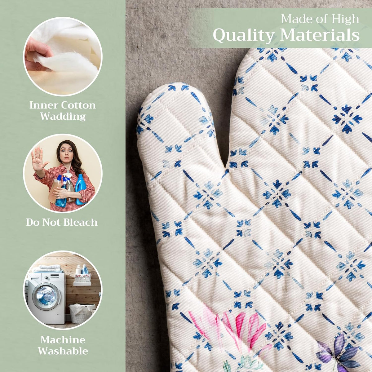 Maison d' Hermine Oven Gloves 100% Cotton Oven Mitt 7" x 13" with Loop Heat Resistant, BBQ, Cooking Gloves, Baking, Grilling, Kitchen, Handling Hot Pans Spring/Summer (Pack of 1, Faience)