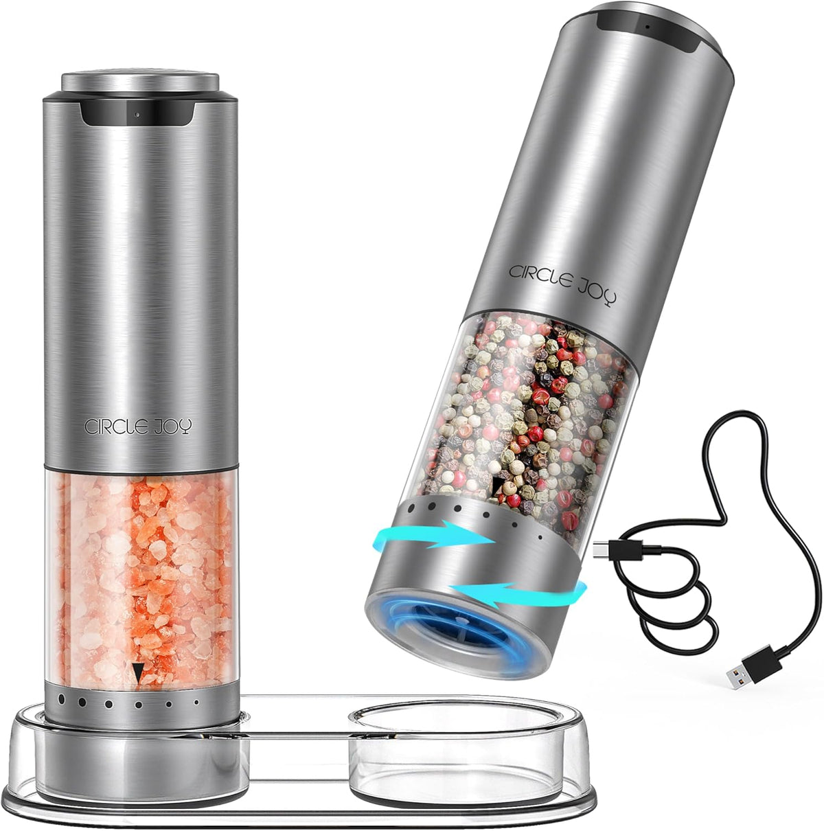 CIRCLE JOY Rechargeable Electric Salt and Pepper Grinder Set with Base, Stainless Steel Pepper Mills with 95ml Container, White LED Light and External Adjustable Coarseness, Silver