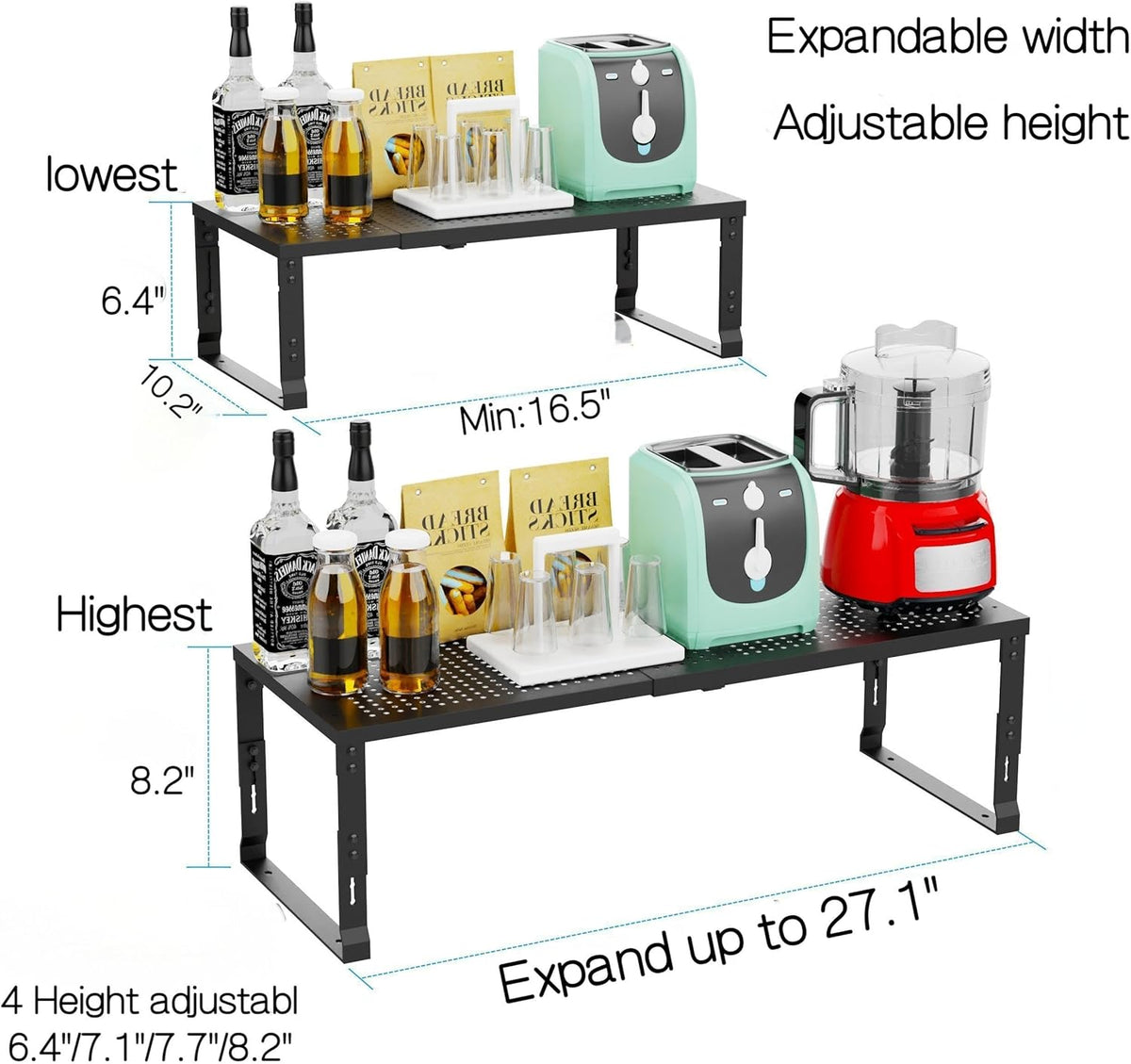 Heavy-Duty Adjustable Metal Shelf Organizer - Expandable & Stackable Pantry Storage Rack for Kitchen, Bathroom, RV, Cabinets(3 Packs/Black, Large)