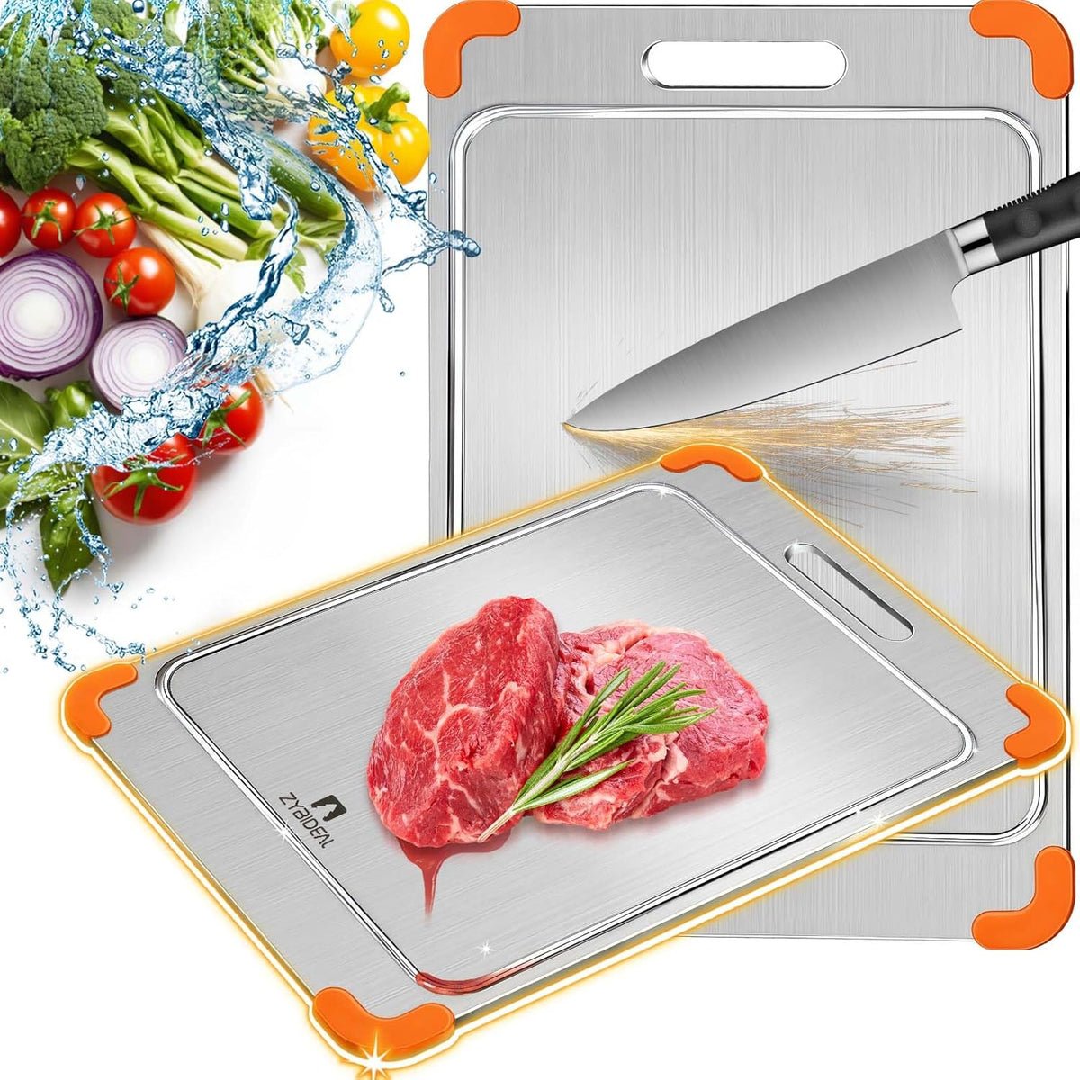 100% Pure Titanium Cutting Board with Grooves, Update Double Side Titanium Chopping Board, Silicone Anti-slip Stainless Cutting Boards for Kitchen 12 * 18 IN, Orange