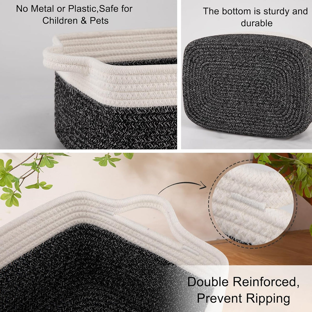 OIAHOMY 3 Pack Storage Baskets for Organizing, Woven Cotton Rope Basket for Shelves, Closet Organizer Bins with Handles, Rectangle Toy Organization, 13.78''×9.84''×5.5'', Black & White