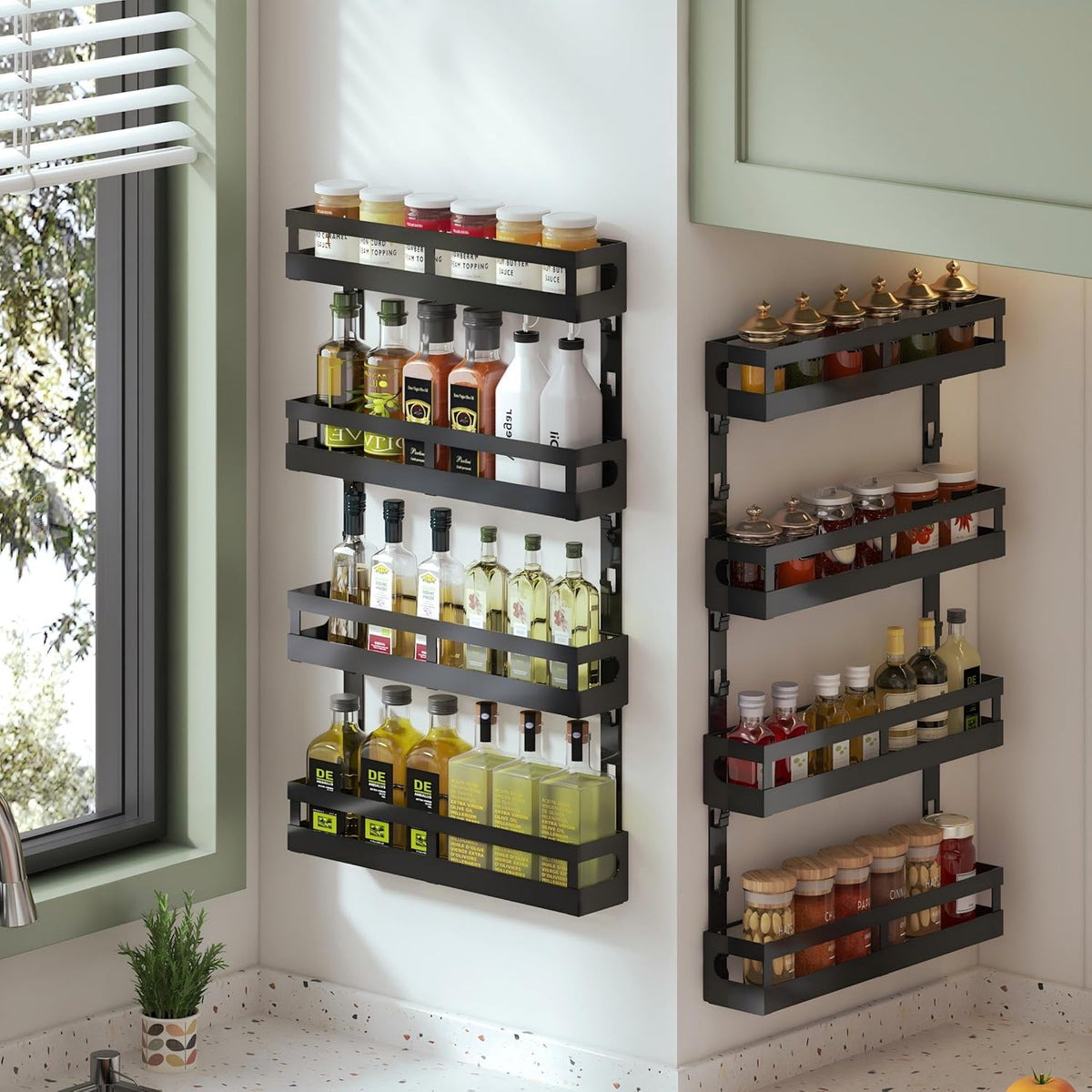 4-Tier Small Wall Mounted Spice Rack Organizer, Hanging Spice Shelf for Cabinet or Pantry, Height-Adjustable Seasoning Holder for Kitchen Storage, Black