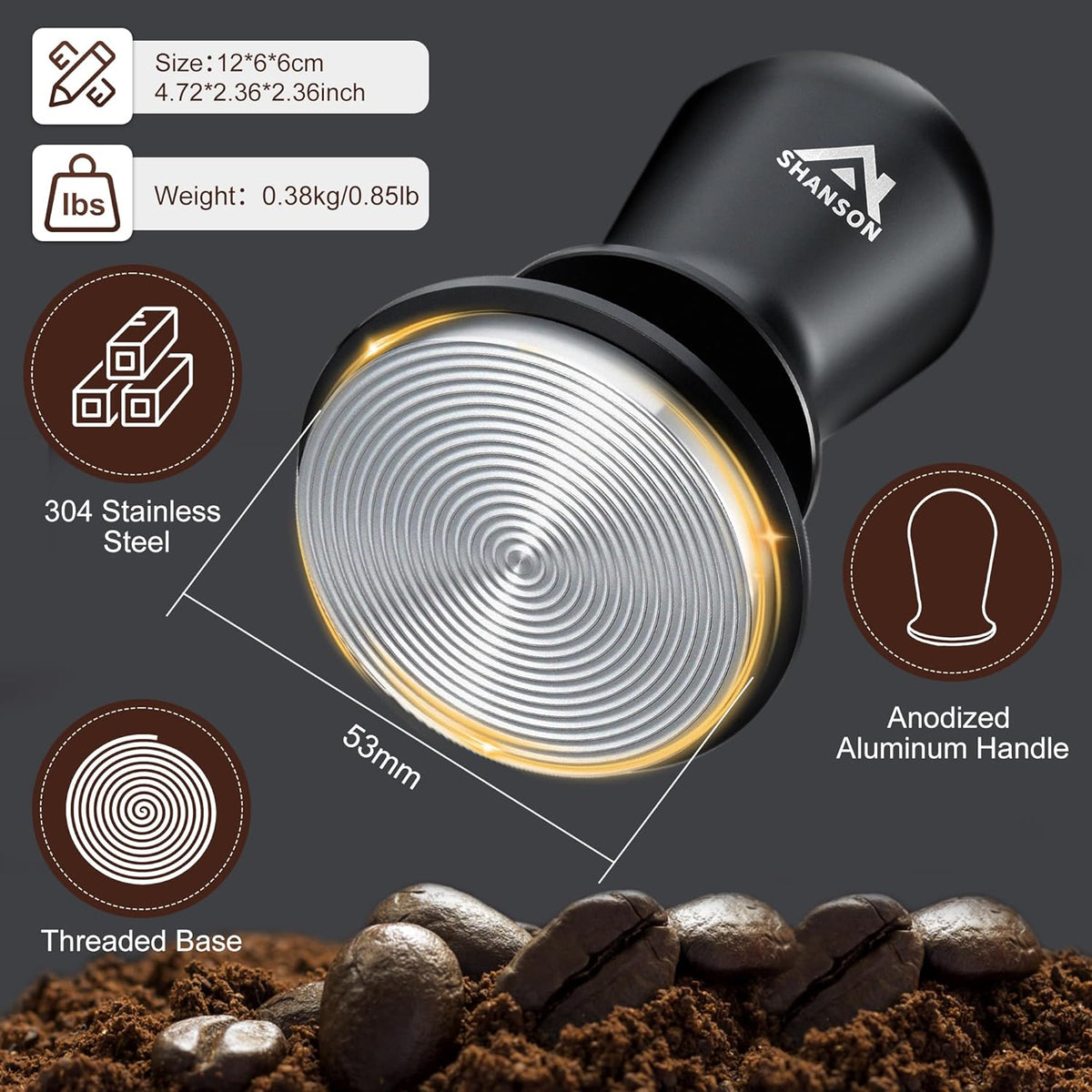 ShanSon 53mm Espresso Tamper,Coffee Accessories,Triple Spring 25lb Constant Pressure, Audible Click Sound Feedback, Stainless Steel Ripple Base,Anodized Aluminum Handle,Tamper Tool Espresso