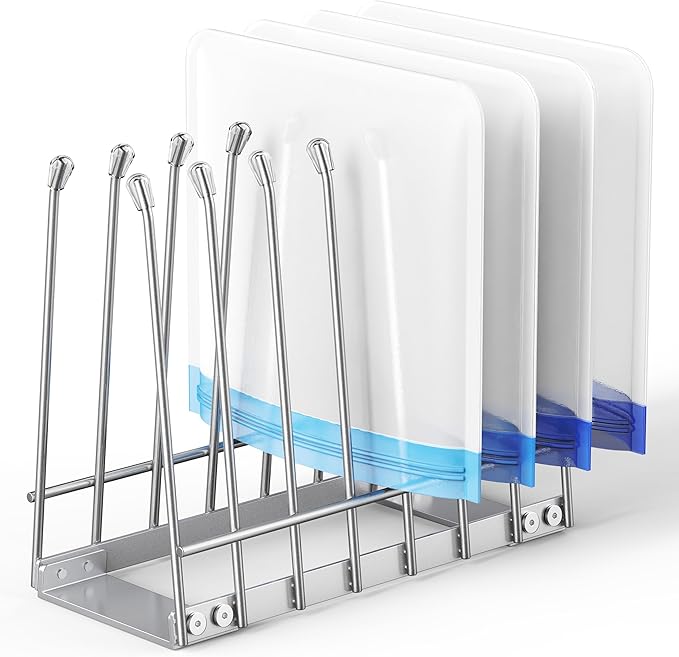 Reusable Bag Drying Rack, Foldable Metal Stand for Reusable Ziplock & Silicone Storage Bags, Rustproof Kitchen Dryer, Silver