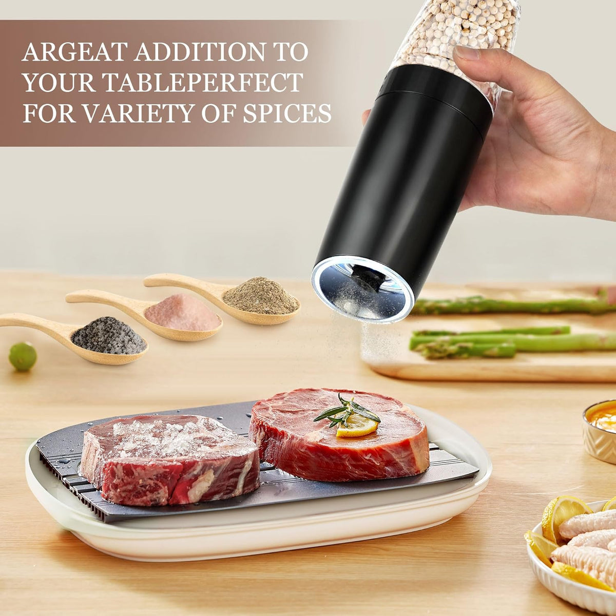 Gravity Electric Salt and Pepper Grinder, Automatic Pepper Mill, USB Rechargeable, Adjustable Coarseness, One-handed Operation, Ceramic Burr, Refillable, Auto Grinders with LED Light