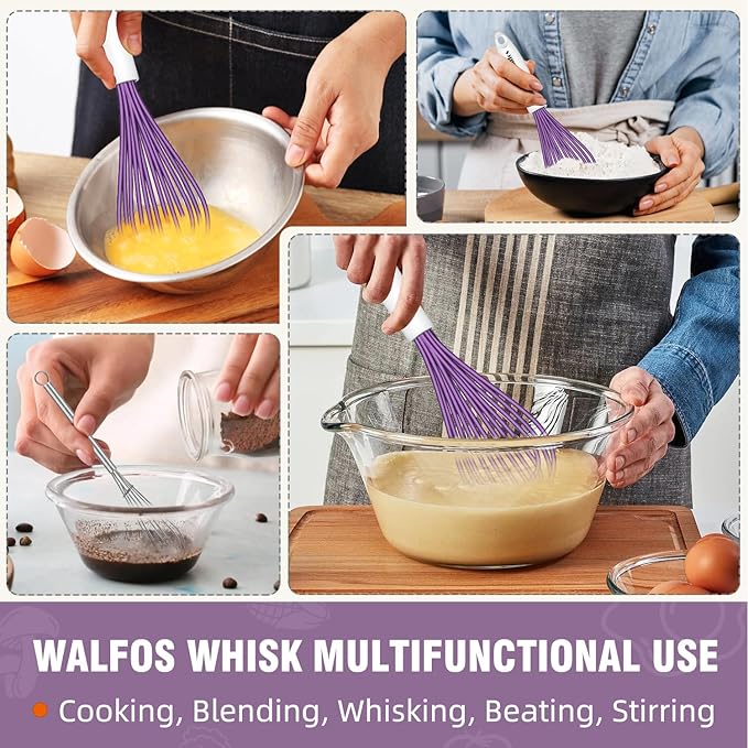 Walfos Whisk,Silicone Whisk Heat Resistant (480°F) Kitchen Whisks set of 5.Non Scratch Coated Whisks for Nonstick Cookware,Egg Wisk Premium for Blending,Whisking,Beating,Frothing. (Purple)