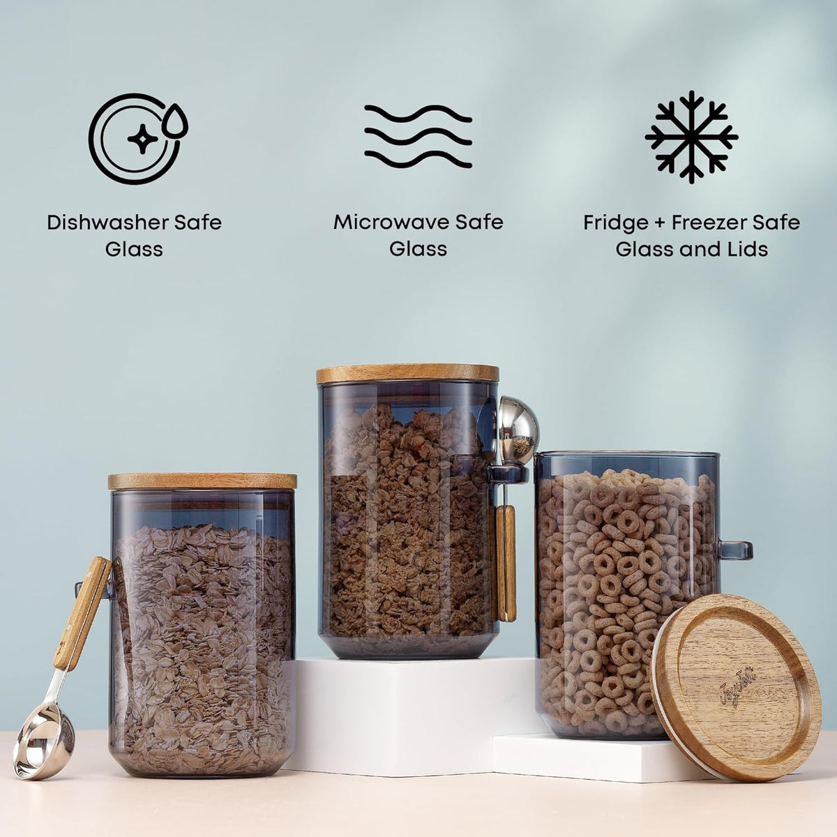 JoyJolt Holden 32oz Stackable Glass Storage Containers with Lids and Scoops, Airtight Food Canister Set of 3 w/Acacia Wood Lids, Round Stacking Pantry and Kitchen Containers w/Scoop | Smoke Blue