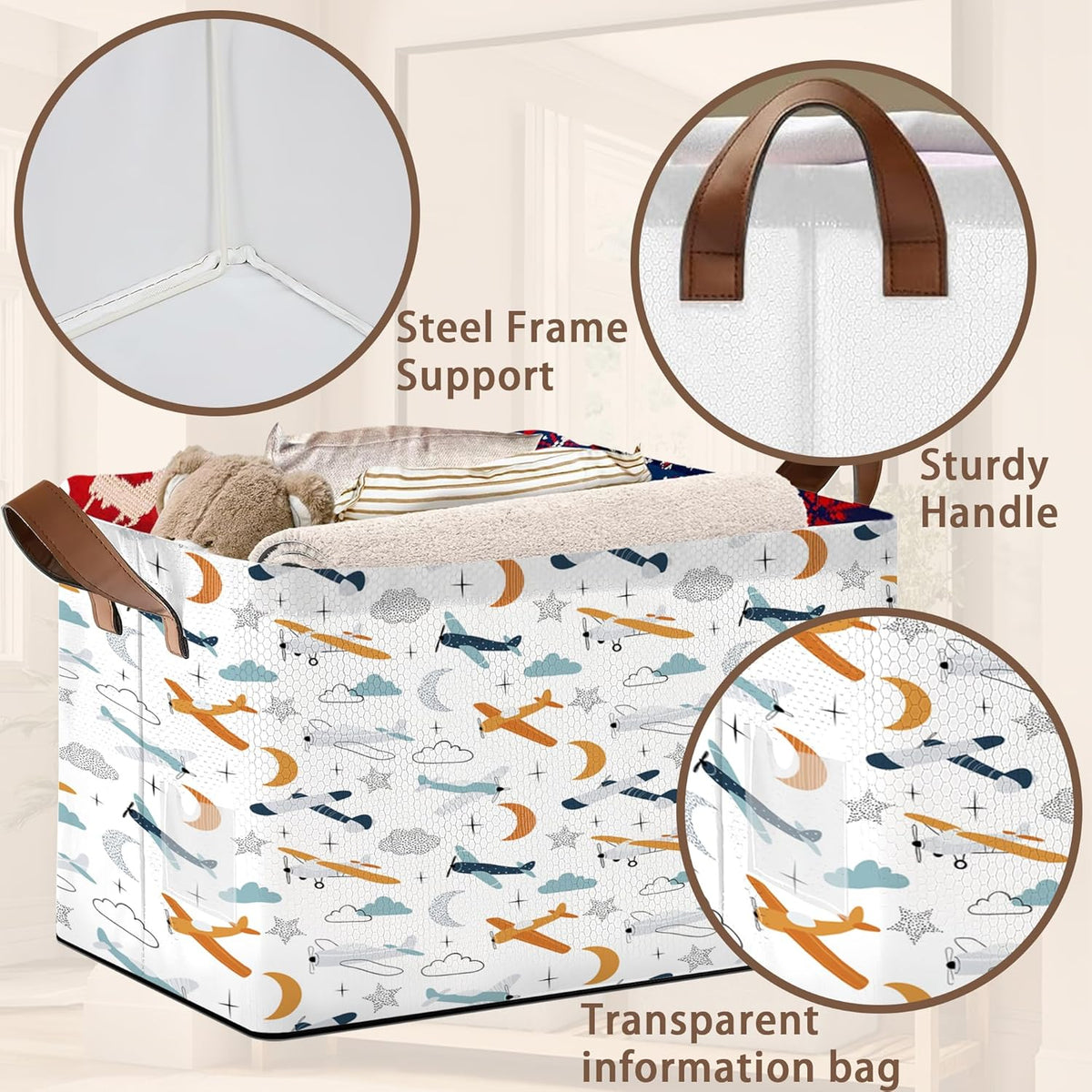 Aviation Themed Storage Basket Large 17x11.5x10.5 Inche-Collapsible Fabric Organizer Bin with Handles for Boys Room, Travel Decor, Toys-Decorative Hamper with Colorful Airplane Silhouettes-Single Pack