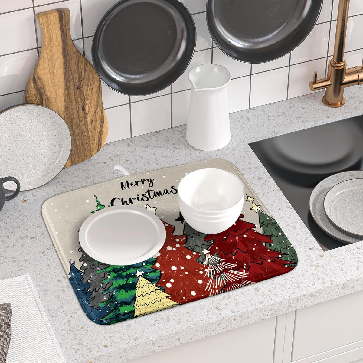 Christmas Trees Dish Drying Mat Winter Holiday Kitchen Dishes Pad 16x18 Inch Absorbent Reversible Fast Dry Draining Rack Pad for Countertop