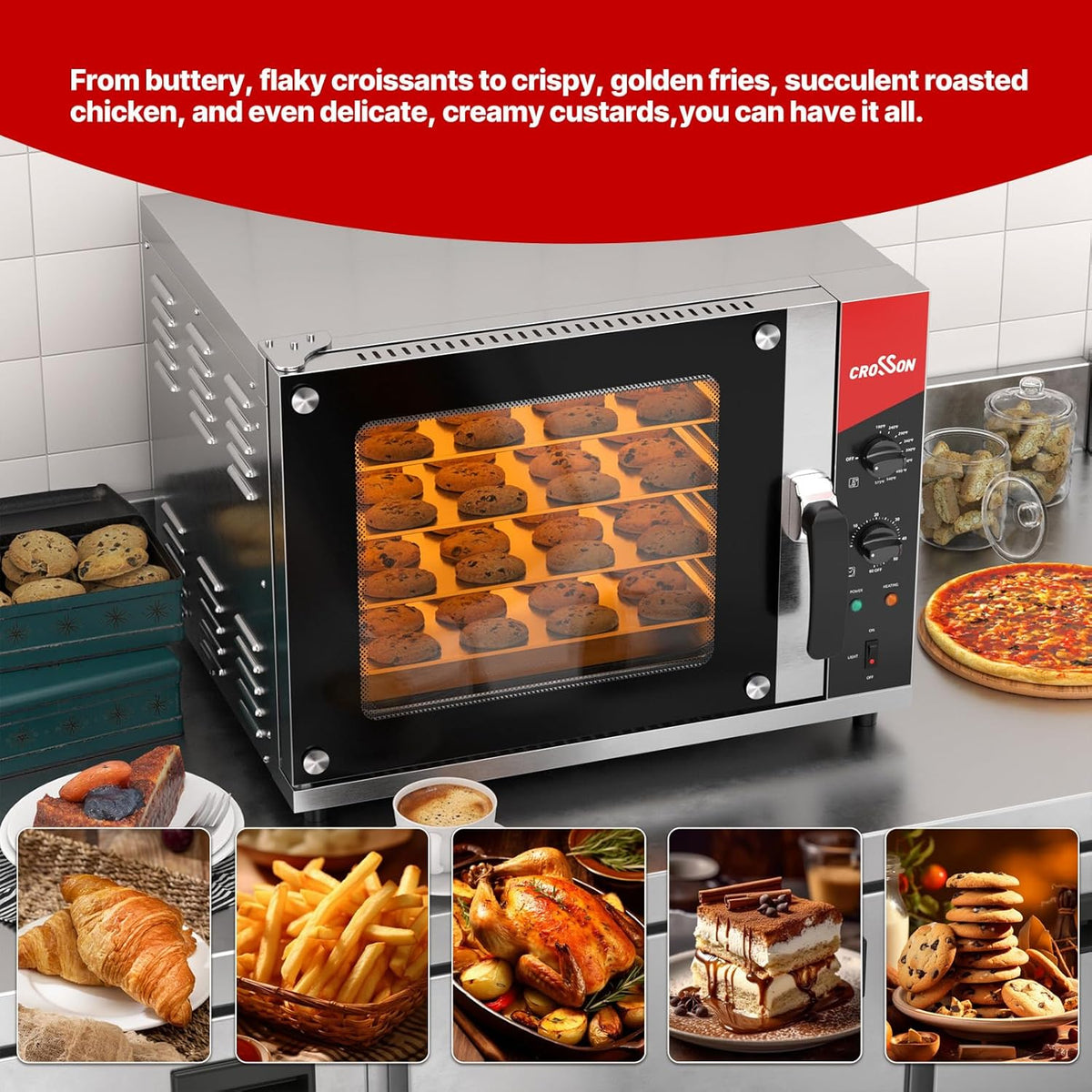CROSSON 68L Half-Size Convection Oven,4-Tier Commercial Toaster oven w/Front Glass Door,4 set of Trays&Wire Racks,60 Minutes Timer and Interior Light, 120V/1800W Countertop Conventional Oven
