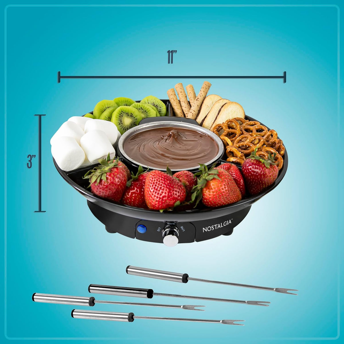 Nostalgia Electric Fondue Party Set – 10 oz Melting Pot, 4 Roasting Forks, & Detachable Serving Tray – Melted Cheese, Chocolate, or Dessert – Perfect for Gifts, Parties, Date Night – Black