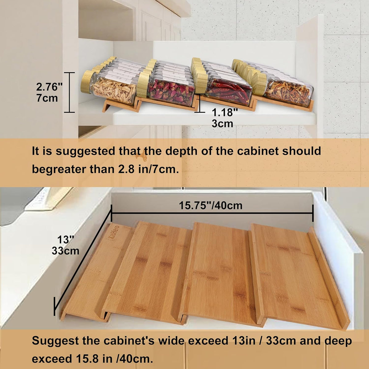 Spice Drawer Organizer with 24 Bamboo-lidded Spice Jars and 216 Labels,Non-slip Rubber, Bamboo 4 Tier Spice Racks Tray Seasoning Containers for Kitchen Drawers,Cabinets,13" Wide * 15.8" Deep
