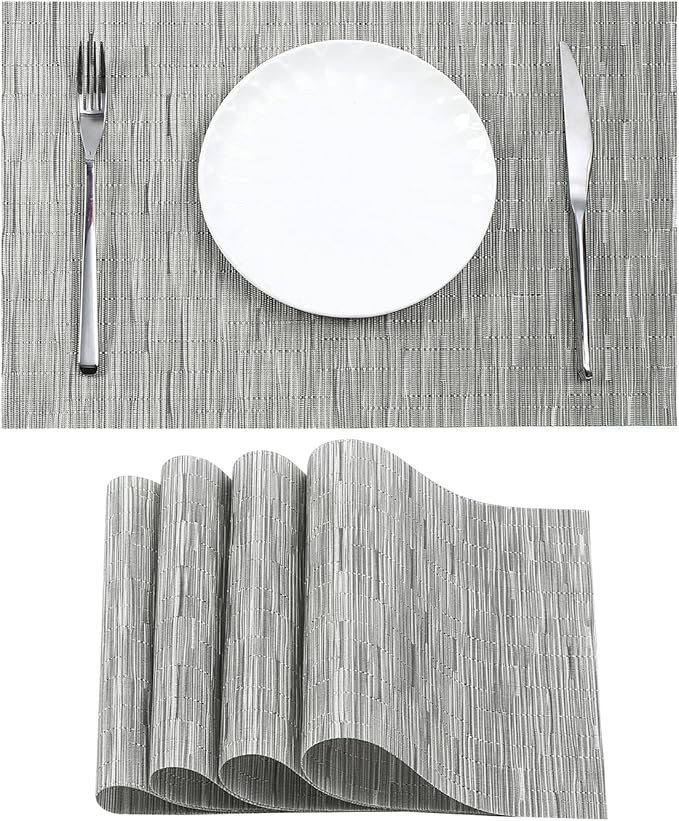 Leetaltree Silver Placemats Set of 4 - Heat Resistant Non-Slip Place mats for Dining Table, Washable Durable PVC Vinyl Woven Table Mats（Silver, 4）