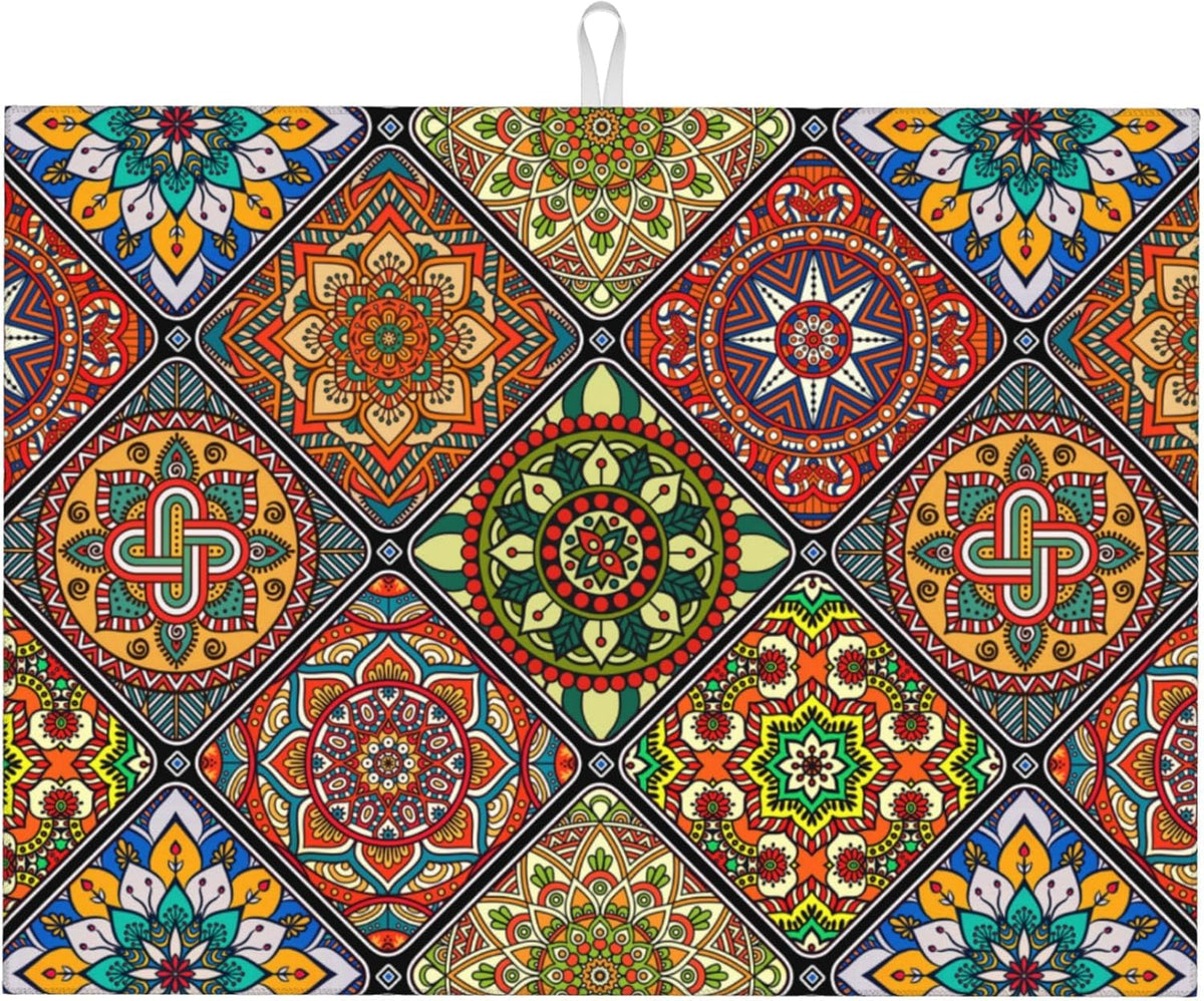 Retro Dish Drying Mat for Kitchen Counter Mandala Colorful Dish Drainer Rack Mats Boho Decor Washable Absorbent Reversible Microfiber Drying Pad Kitchen Accessories 18"x24"