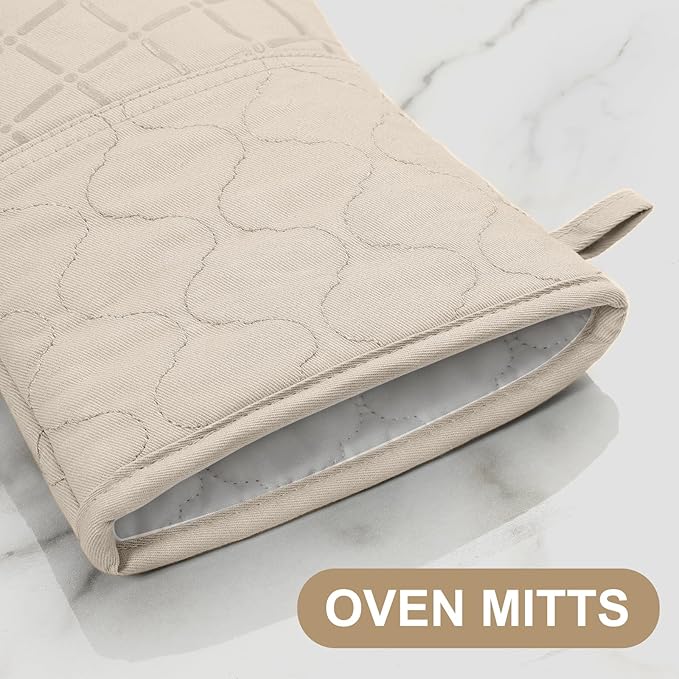 Oven Mitts Pot Holders Sets/Kitchen Towels and Dishcloths, Oven Gloves Kitchen Dish Towels 500 Degree Heat Resistant Potholders with Non-Slip Silicone Surface for Cooking, Grilling, Baking-Milkshake