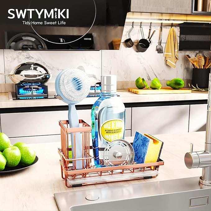 SWTYMIKI Sink Caddy Kitchen Sink Organizer with Detachable Brush Holder, Stainless Steel Sponge Holder with Removable Drip Tray Sponge Caddy for Kitchen Countertop, Rose Gold