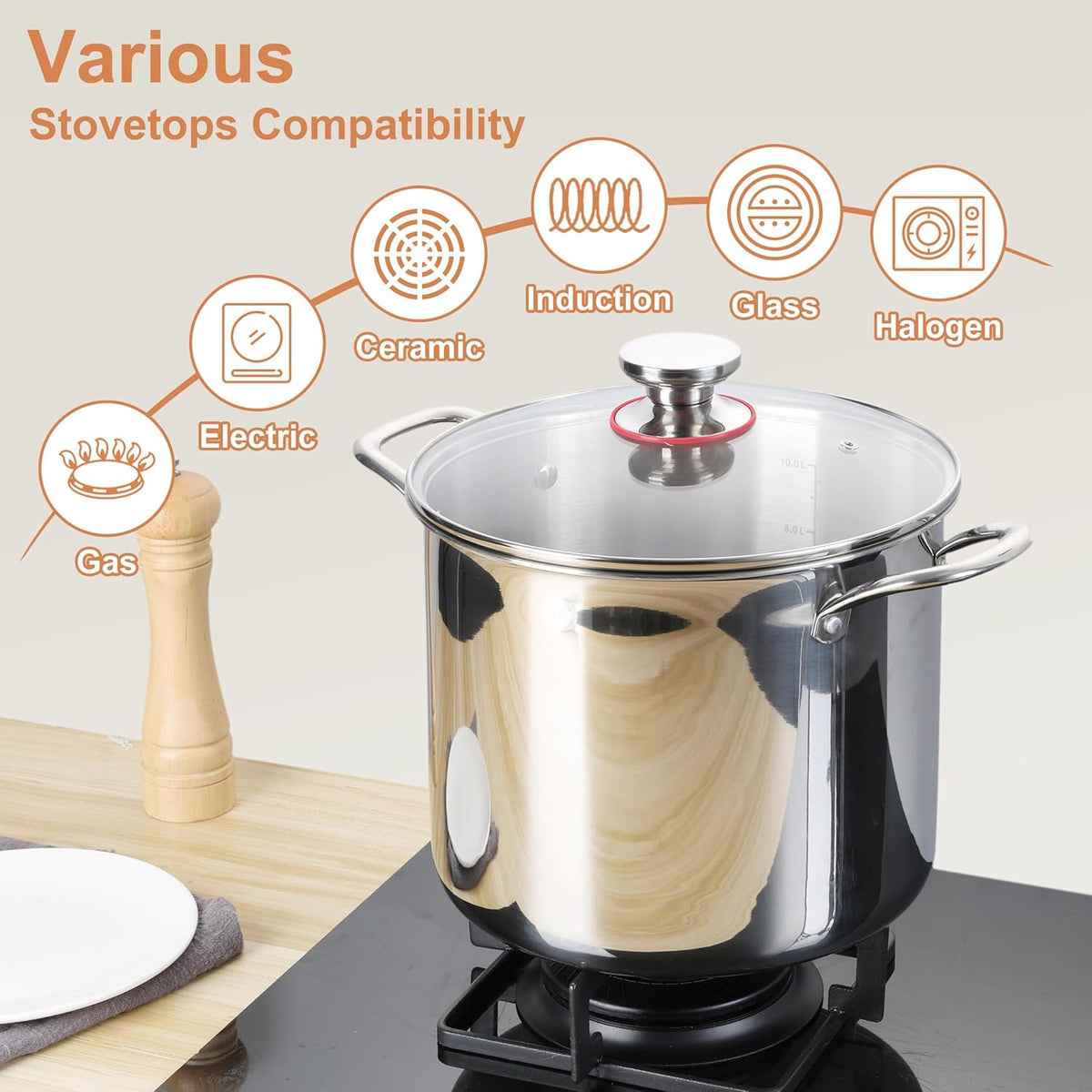 Herogo 12 QT Stock Pot, Tri-ply 18/10 Stainless Steel Cooking Pot with Lid, 12 Quart Large Metal Pasta Stockpot for Chicken Soup, Big Stockpot for Induction Gas Electric Stove, Dishwasher Safe