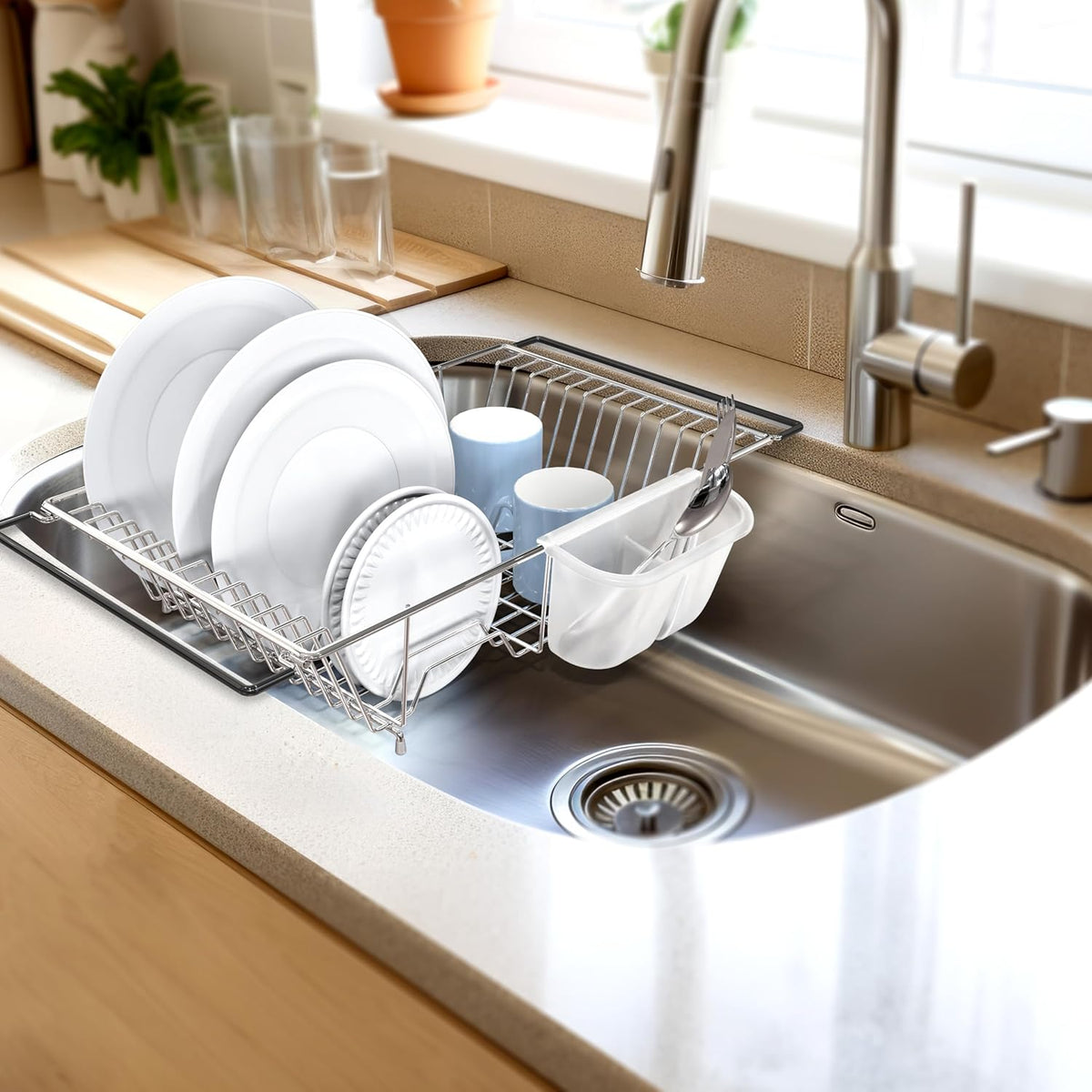 SIMPLE HOUSEWARE Large Over Sink Counter Top Stainless Steel Dish Drainer Drying Rack with Utensil Holder, Chrome