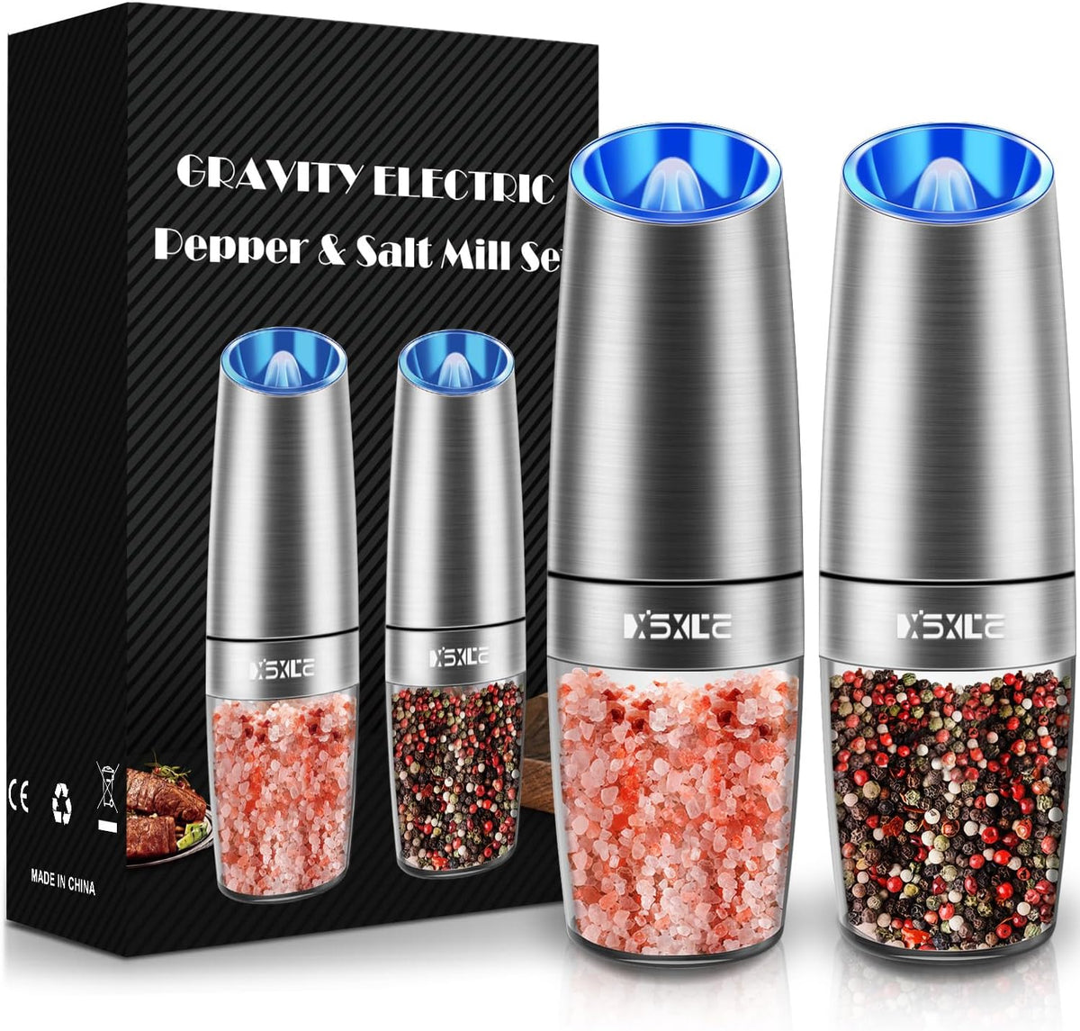 XinXu Gravity Electric Pepper and Salt Grinder Set, Salt/Pepper Mill & Adjustable Coarseness, Battery Powered with LED Light, One Hand Automatic Operation, (Set/Silver)