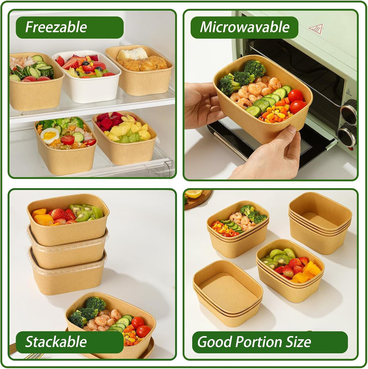 DI QIU REN 50-Pack 22oz Paper Bowls, Disposable Food Containers with Lids and Forks, Rectangular Disposable Salad Bowls for Diet Salad, Pasta (kraft Paper Rectangular, 22oz 50 Count)