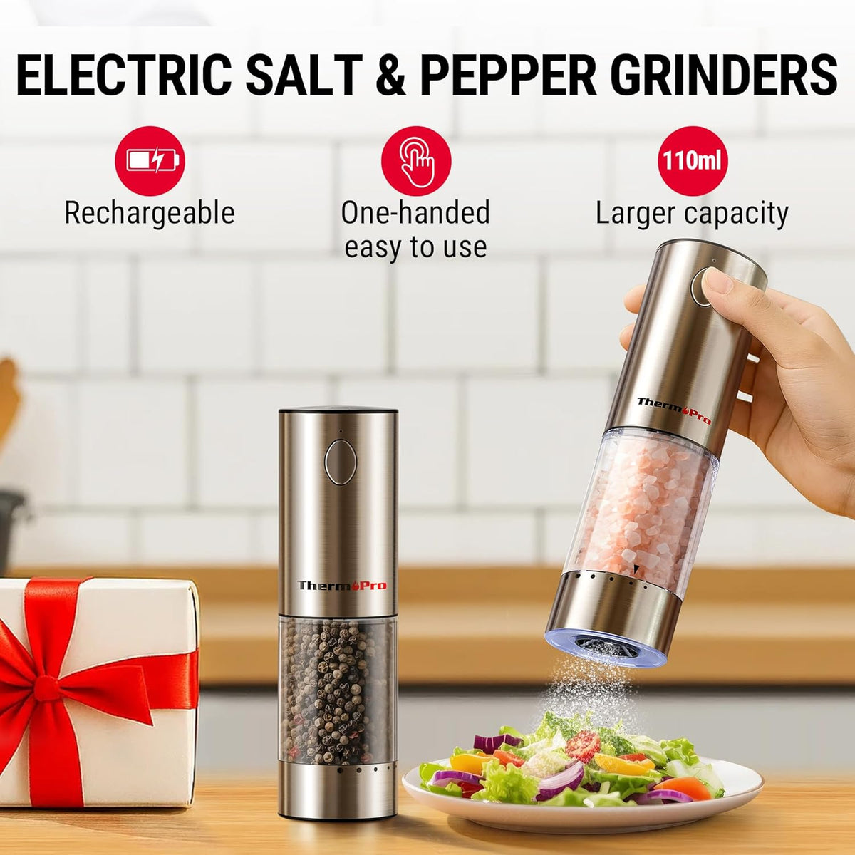 ThermoPro 110ml Electric Salt and Pepper Grinder Set Rechargeable, Automatic Pepper Grinder Shakers with External Adjustment, Refillable Pepper Mill Set with Dust Cover & LED, Stainless Steel 2-Pack