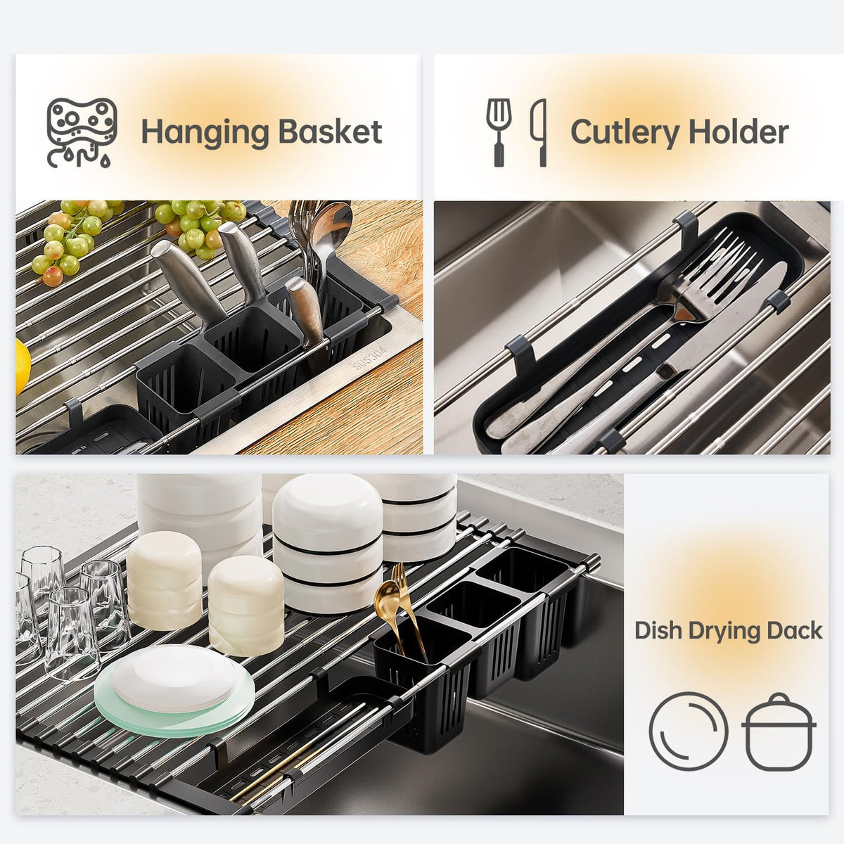 Expandable Over Sink Dish Drying Rack, Large Roll Up Dish Drying Rack with 2 Storage Baskets, Rolling Drain Mats for Kitchen Sink Counter, BPA-Free(12-22 * 15.3'', Black)