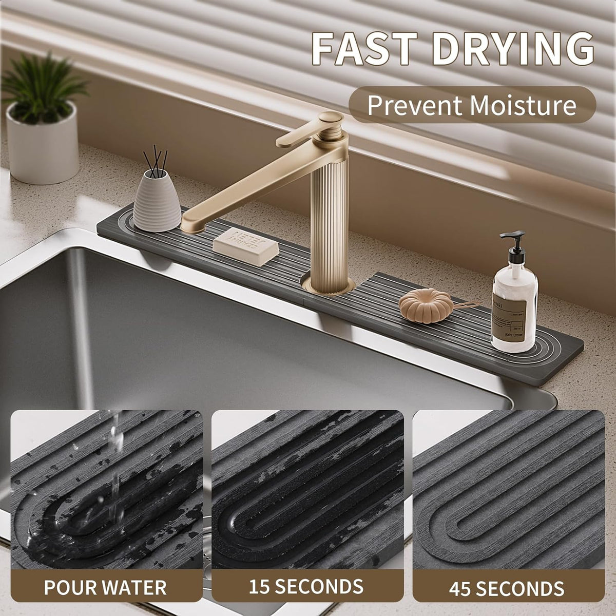 Faucet Mat for Kitchen Sink, Diatomite Stone Drying Sink Protectors, Bathroom Faucet Splash Guard, Quick Dry Water Absorbing, Non-Slip Stone Tray for Kitchen Counter, Grey, 23.6" x 3.9"