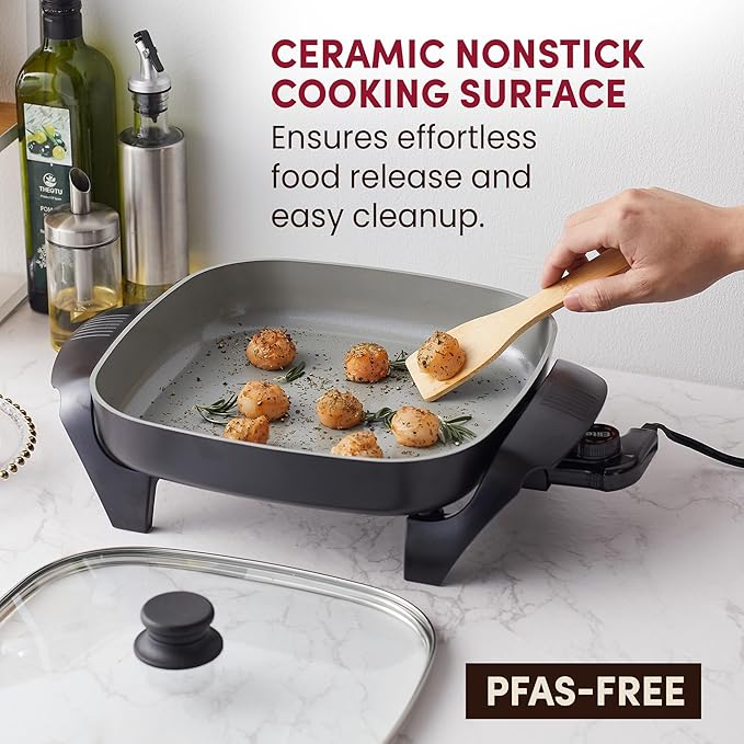 Elite Gourmet 12"x12"x2.15” Ceralast™ PFAS Free Ceramic Electric Skillet, Dishwasher Safe, Rapid Heat Up, 1200W, Dark Grey