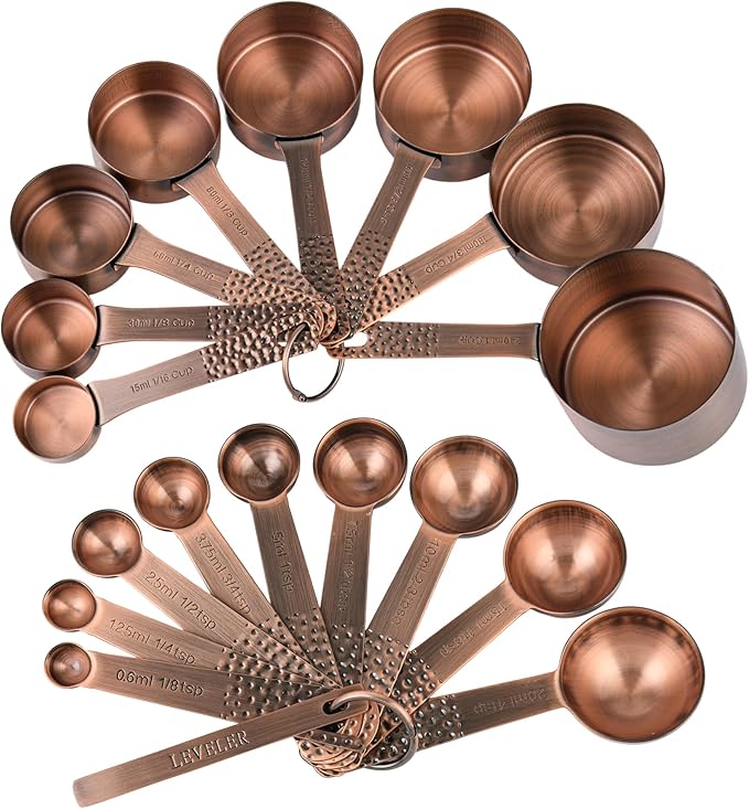 Copper Measuring Cups and Spoons Set, Stainless Steel Measuring Cups and Spoons Set for Baking and Kitchen, Measuring Cups Set with 3/4 Cup Measuring Cup
