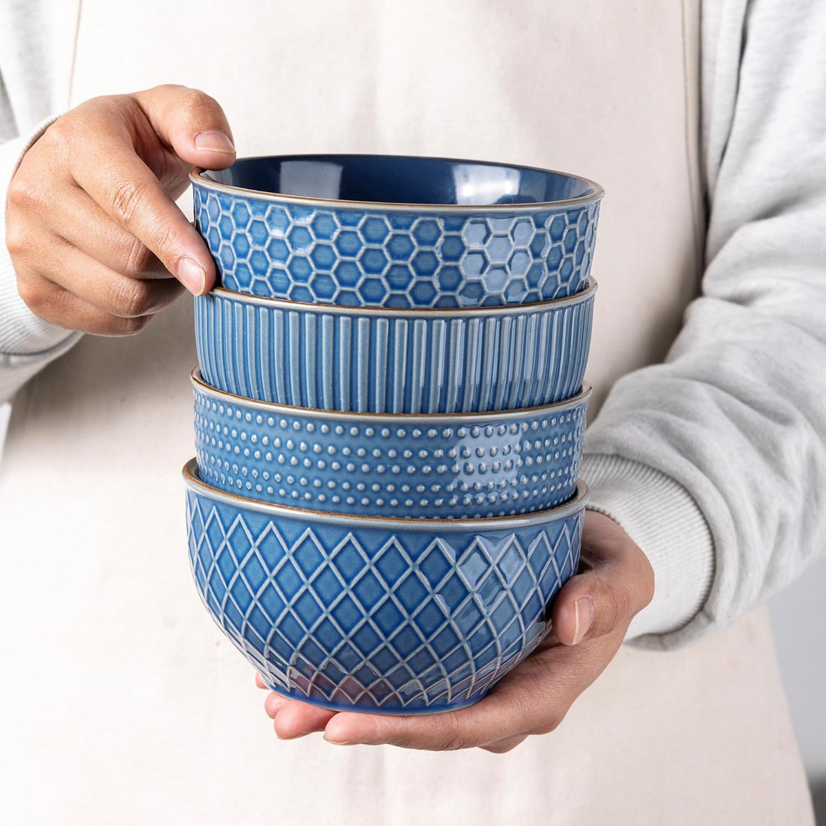 GBHOME Stoneware Cereal Bowls Set of 4, 24 oz Ceramic Soup Bowls with Texture Patterns for Soup,Oatmeal,Snack Perfect for Wedding, House-warming Gift - Moonlight Blue
