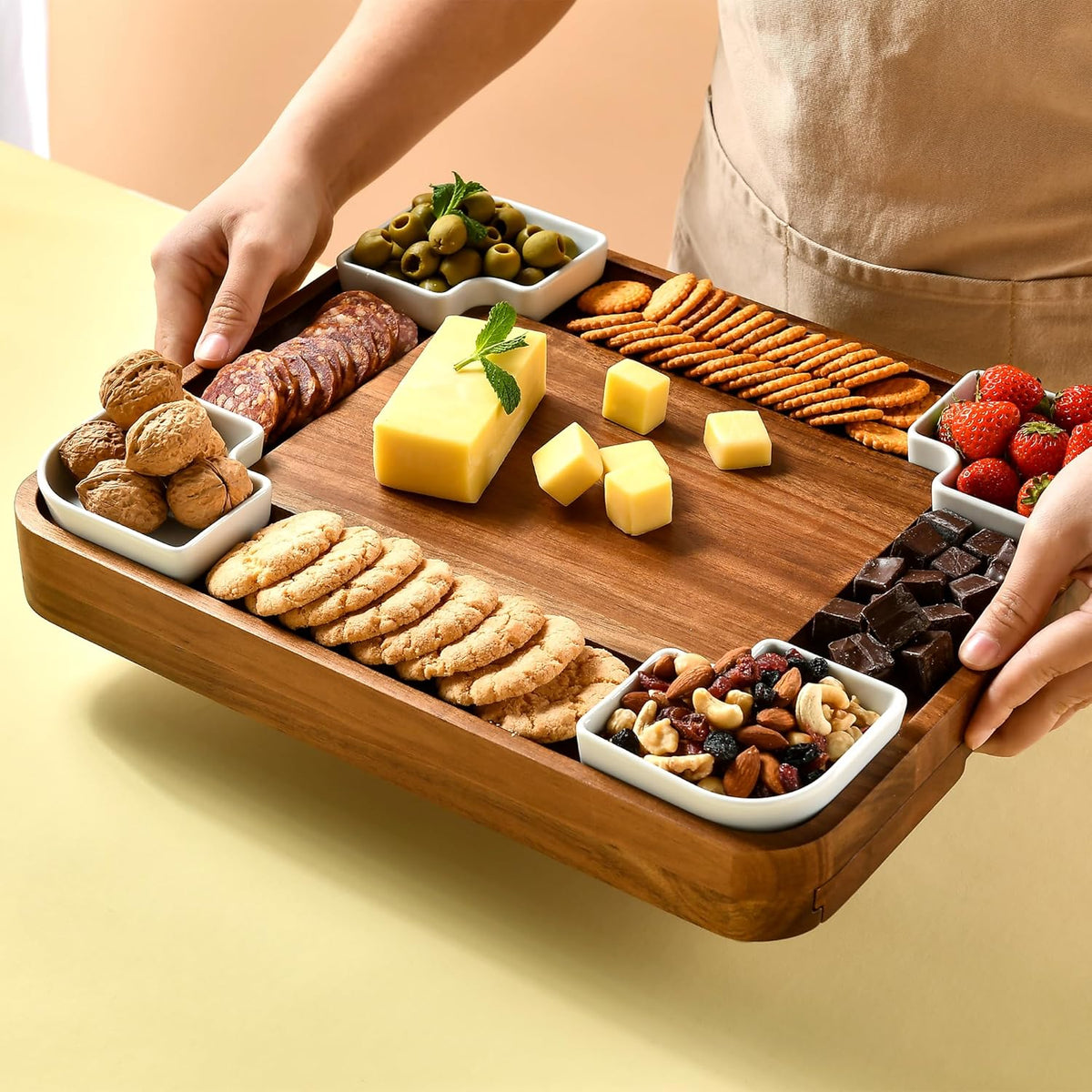 Shanik Upgraded Acacia Cheese Board Set, Square Shaped Charcuterie Set, Cheese Platter, Handcrafted Design and Stainless Steel Cutlery Set - Gift for Any Occasion No Engraving