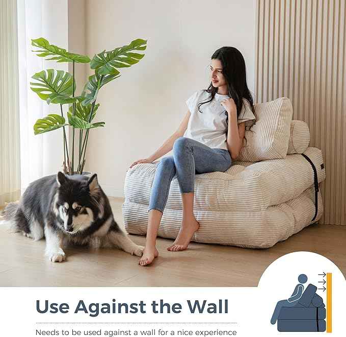 MAXYOYO Folding Sofa Bed, Convertible Sleeper Chair with Pillow Foldable Mattress with Back Support, Portable Fold Out Chair Bed Comfy Floor Sofa Lounge for Living Room Bedroom, Beige, Single