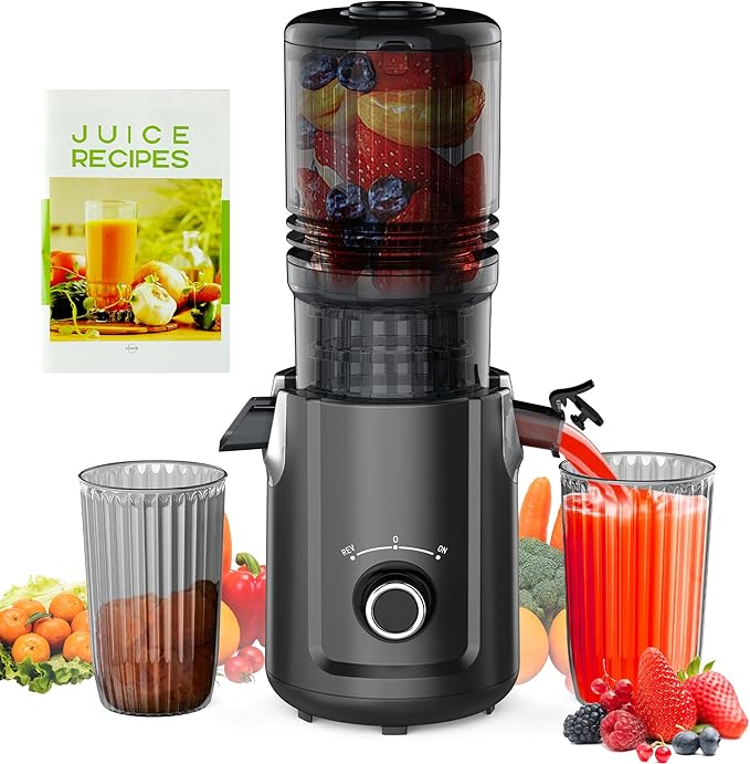Hobsir Juicer Machines, 5.3-Inch Cold Press Juicers, Masticating Slow Juicer Machine with 300W, Large Feed Chute Juice Machines for Vegetables and Fruits, Easy to Clean Juicers Magic, Black