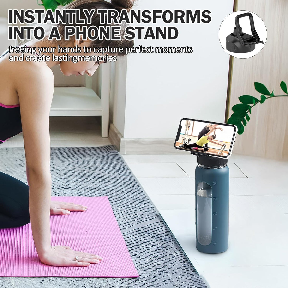 32oz Glass Water Bottle with Straw and 2 Lids- Bamboo Straw and Spout Lid with Phone Holder for Gym, Glass Drinking Bottles with Silicone Sleeve and Motivational Time Marker, Dark Blue