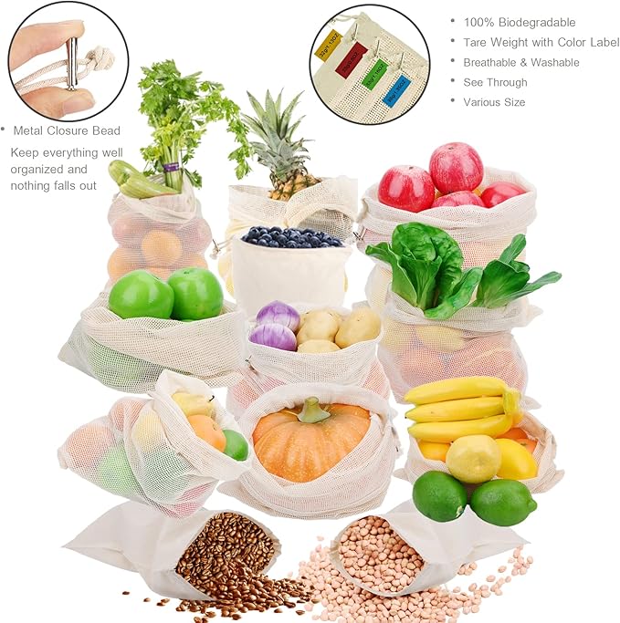 Reusable Produce Bags - Organic Cotton Mesh Bags with Drawstring for Onions, Vegetables & Fruit (12 Pack)