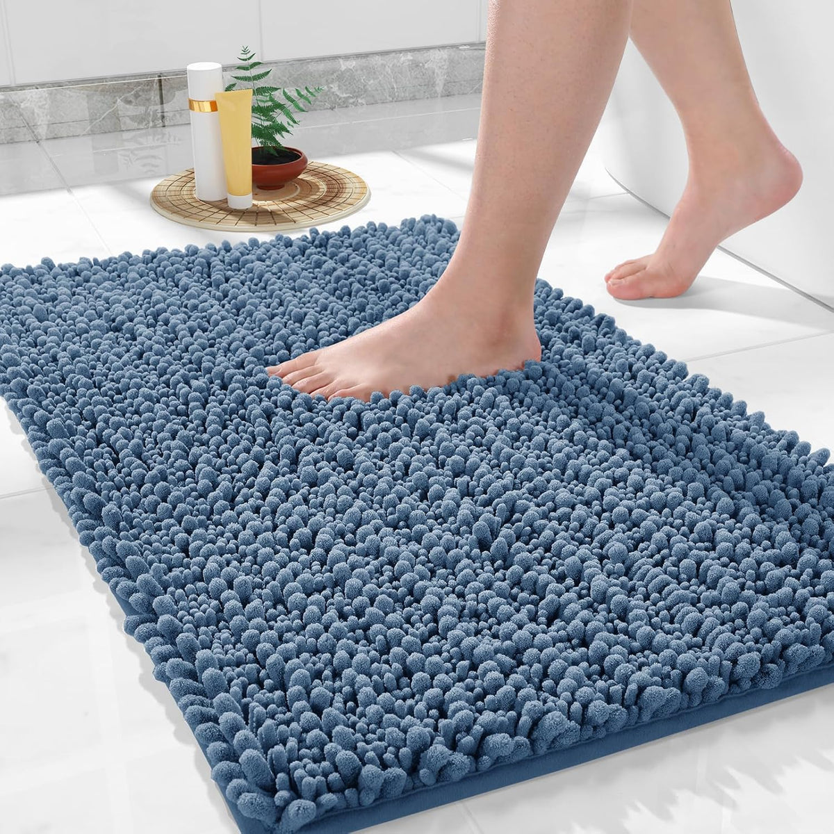 Yimobra Bathroom Rugs Non Slip Washable 24x17 Inch - Ultra Soft Absorbent Chenille Bath Mat, Quick Dry Shaggy Floor Carpet for Tub Shower, Denim Blue Home Decor Accessories