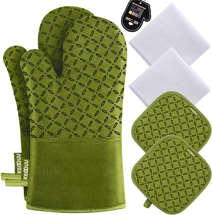 KEGOUU Oven Mitts and Pot Holders 6pcs Set, Kitchen Oven Glove High Heat Resistant 500 Degree Extra Long Oven Mitts and Potholder with Non-Slip Silicone Surface for Cooking (Olive Drab)