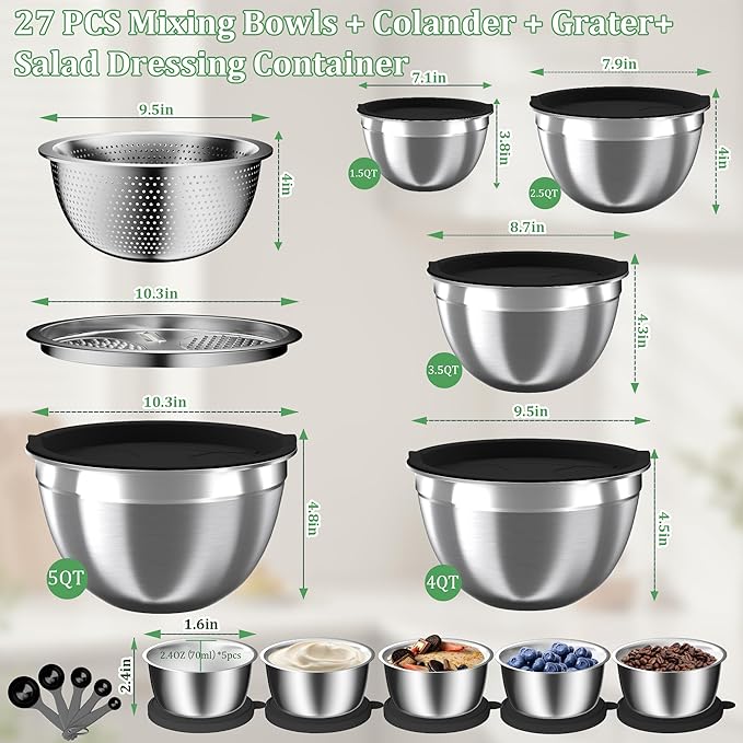 Mixing Bowls with Lids Set, 27Pcs Stainless Steel Nesting Mixing Bowls Set for Kitchen Cooking & Storage, Metal Salad Bowls with Colander, Strainer, Grater & Dressing Containers, Kitchen Gadgets Black