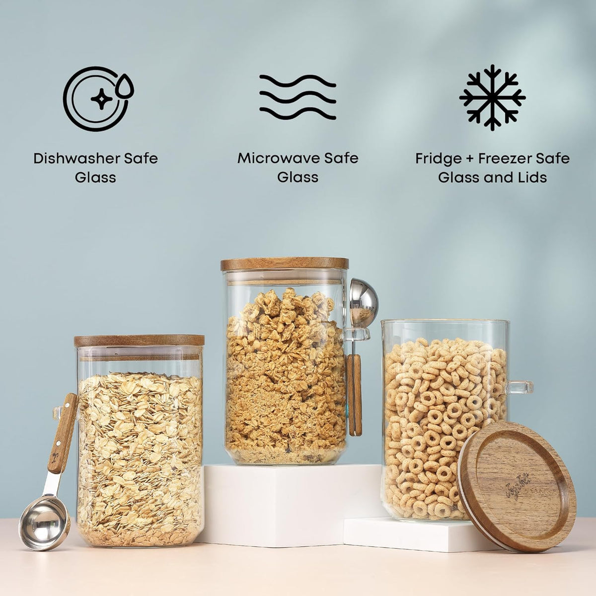 JoyJolt Holden 32oz Stackable Glass Storage Containers with Lids and Scoops, Airtight Food Canister Set of 3 w/Acacia Wood Lids, Round Stacking Pantry and Kitchen Containers w/Scoop | Clear