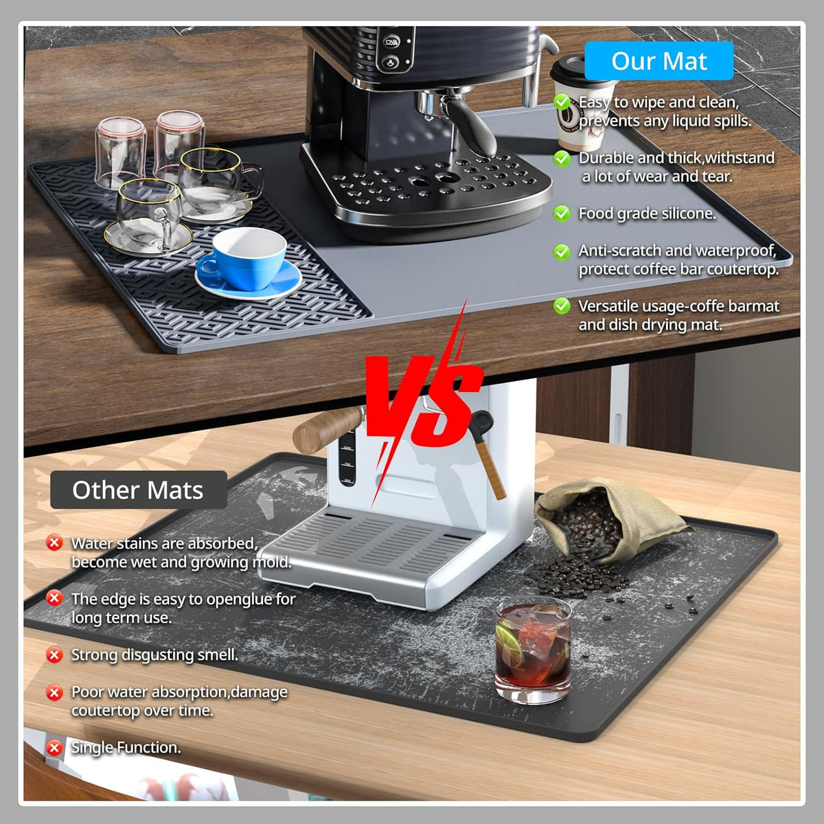 Silicone Coffee mat 24''x16'' – Non-Slip Bar Mat with Detachable Drying Layer for Espresso Machines, Countertops & Dish Racks