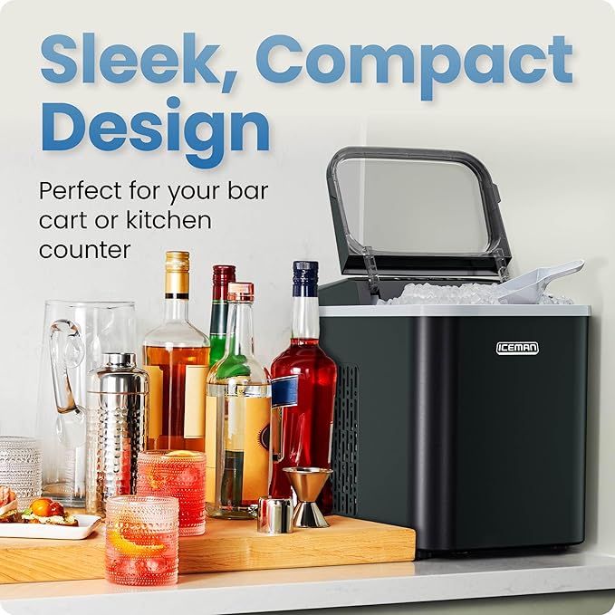Iceman Compact Pebble Ice Machine, Countertop Nugget Ice Maker Produces Chewable Pellet Ice in 8 Minutes, Makes 26lbs/Day, One-Touch Cleaning Function with Ice Scoop/Basket Included – Black