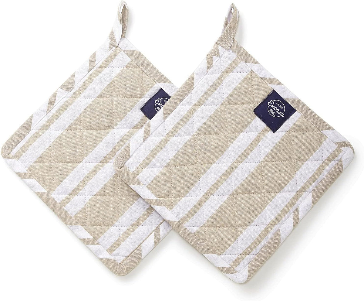 Encasa Homes 8 inches Oven Microwave Potholders (2 pc Set) for Kitchen Cooking & Baking - Heat Resistant, Thick & Safe, Protection of Hands from Hot Utensils - Franca Beige Stripes