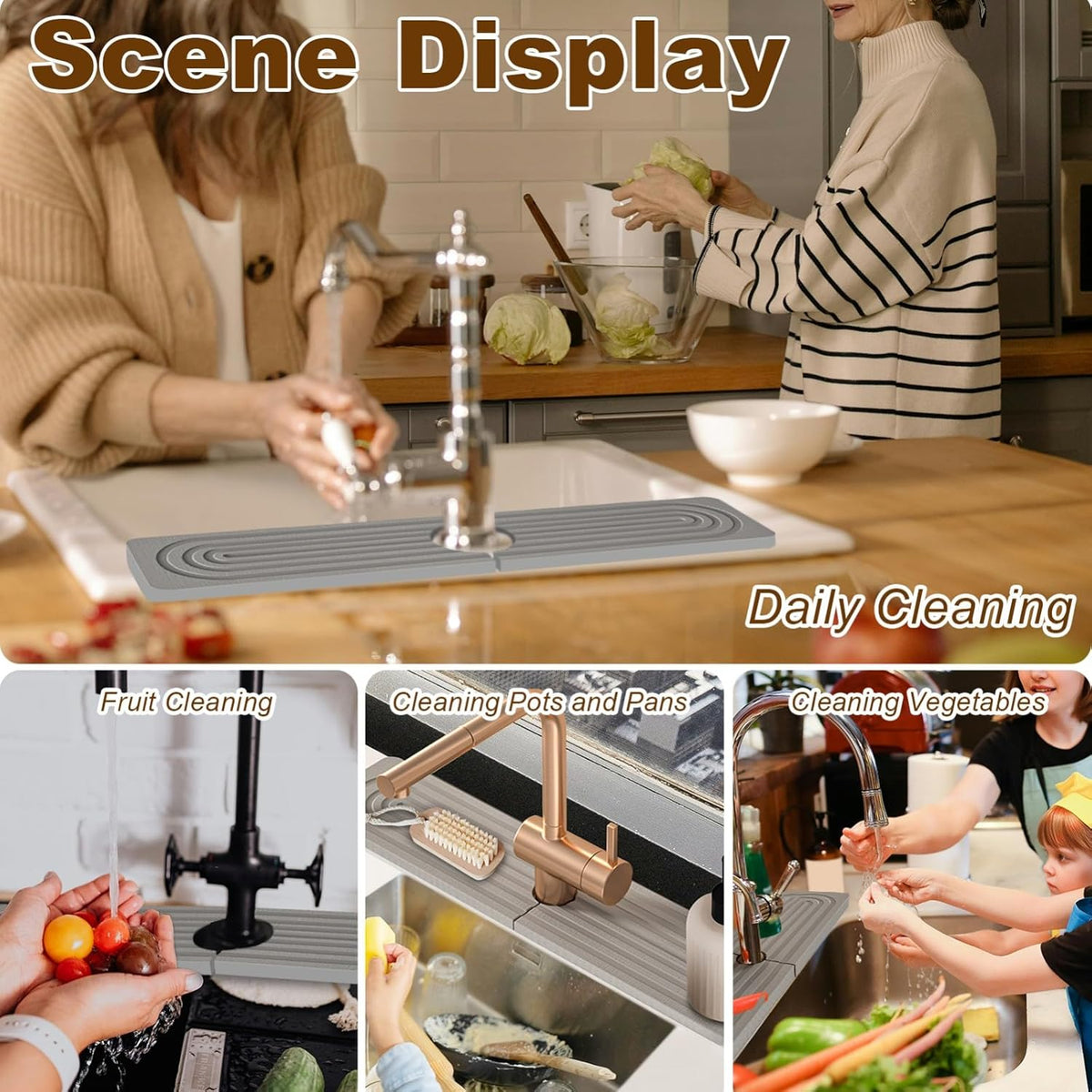 Faucet Mat for Kitchen Sink, Diatomite Super Absorbent Fast Drying Stone Sink Tray for Bathroom Kitchen Sink Splash Guard(Square Grey,23.6x3.9in)